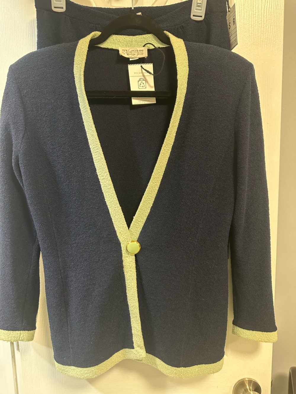 St. John Navy Knit Cardigan with Lime Trim Accents